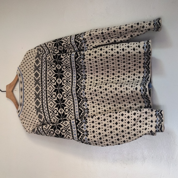L.L. Bean Cream and Black Blue Nordic Fair Isle 100% Lambswool Cardigan Sz XL Wo - Picture 15 of 17